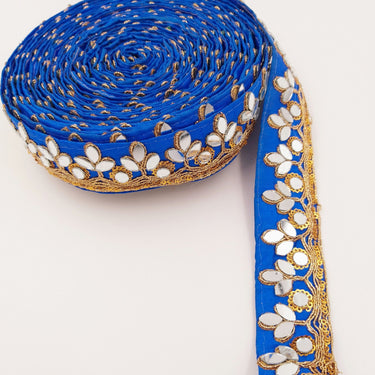 Royal Blue Silk Trim With Mirrors Embellishments and Gold Embroidery, Approx. 34mm Wide, Decorative Trim Costume Trim Fashion Trim By Yard